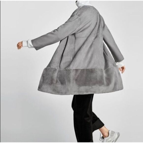 Zara W/B grey suede faux fur trim long coat NWOT - Picture 1 of 12